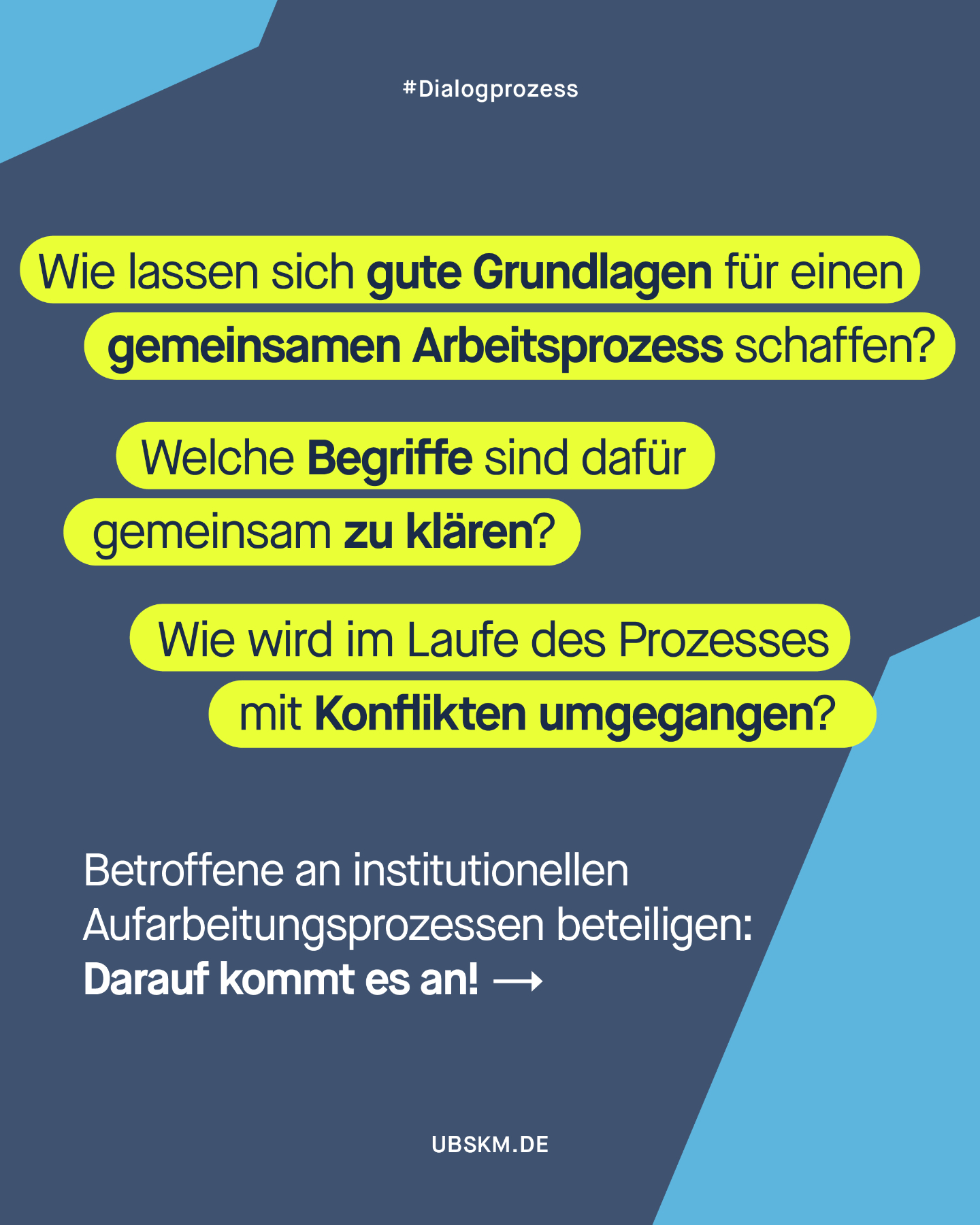 !B Die Ergebnisse des Dialogprozesses sind da! 🔎

📍Zum ersten Mal gibt es damit Leitlinien, die zeigen, wie Betroffene bei der institutionellen Aufarbeitung sexueller Gewalt strukturiert beteiligt werden sollten. Beteiligung bedeutet dabei viel mehr als nur Anhörung: nämlich Vernetzung untereinander und echte Mitbestimmung bei der Prozessgestaltung. Expertise und Erfahrungswissen der Betroffenen werden respektiert. 

Damit bekommen Betroffene erstmals ein gewichtiges Instrument an die Hand, um echte Beteiligung einzufordern. Zugleich ermöglichen die Standards in Institutionen einen Kulturwandel – weg von Intransparenz und Selbstschutz, hin zu Offenheit, Fehlerkultur und demokratischer Verantwortung.

 „Allen, die dazu beigetragen haben, gilt mein großer Dank“, sagt Kerstin Claus, Unabhängige Beauftragte für Fragen des sexuellen Kindesmissbrauchs. „Bis heute ist es alles andere als selbstverständlich, dass Betroffene sexualisierter Gewalt gerade mit Vertreter:innen jener Institutionen in solch einen komplexen Aushandlungsprozess treten, die für die erlittenen Taten (Mit-)Verantwortung tragen.”

👉 Die wichtigsten Fragen und Ergebnisse des #Dialogprozesses findet ihr in diesem Beitrag.

#Aufarbeitung #GemeinsamGegenMissbrauch #Missbrauchsbeauftragte #SexuelleGewalt #Missbrauch #UBSKM #KeinRaumFürMissbrauch #NichtWegschieben #Kinderschutz #DialogProzess #StandardsDerBetroffenenbeteiligung #Betroffenenbeteiligung